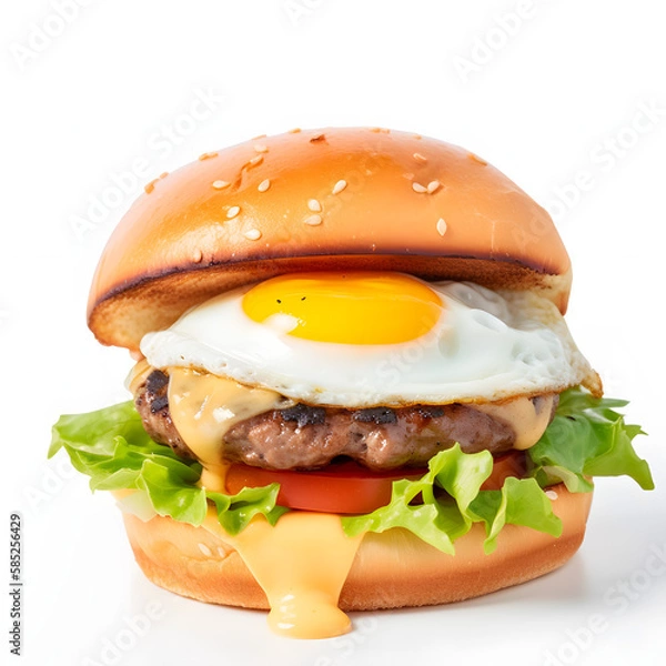 Fototapeta Delicious hamburger with cheese, egg, and salad. Generative AI Generative AI