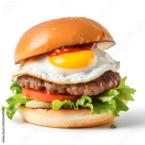Fototapeta Delicious hamburger with cheese, egg, and salad. Generative AI Generative AI