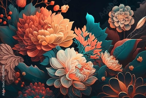 Fototapeta Abstract floral background. 3d macro flowers blossom. Generate ai