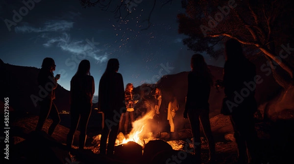 Fototapeta A Group Connected by Psychic Waves at a Campfire Created Using Generative Ai
