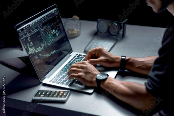 Fototapeta Título: Financial Market Operator: The Routine of a Professional Trader in the World of the Stock Exchange and Investment Analysis through Digital Platforms, made with generative IA