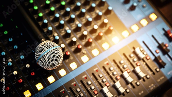 Fototapeta Close-up microphone and sound mixer in studio for sound record control system and audio equipment and music instrument