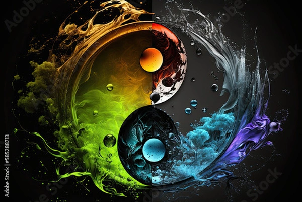 Fototapeta Yin yang symbol in colorful liquid paint splashed on black background