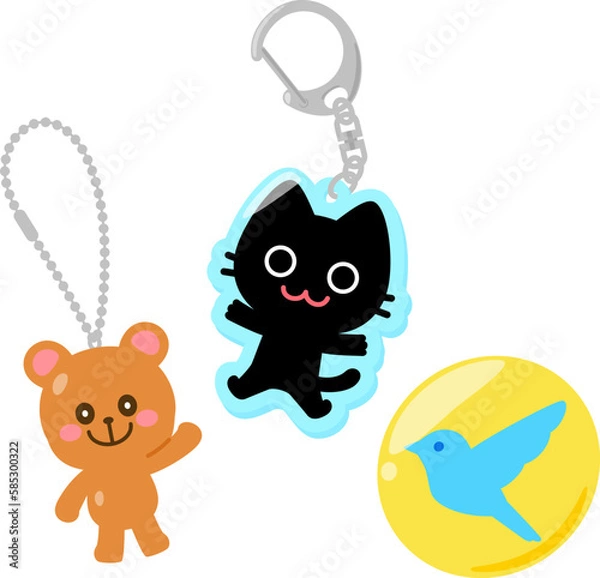 Fototapeta マスコット付きキーホルダーと缶バッジ、グッズ