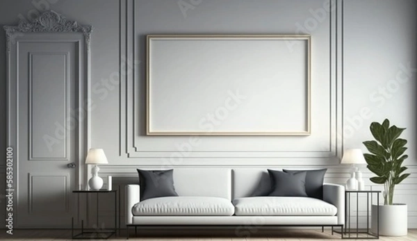 Fototapeta Mockup poster frame on the wall of living room. Luxurious apartment background with contemporary design. Modern interior design. 3D render, 3D illustration, Generate Ai