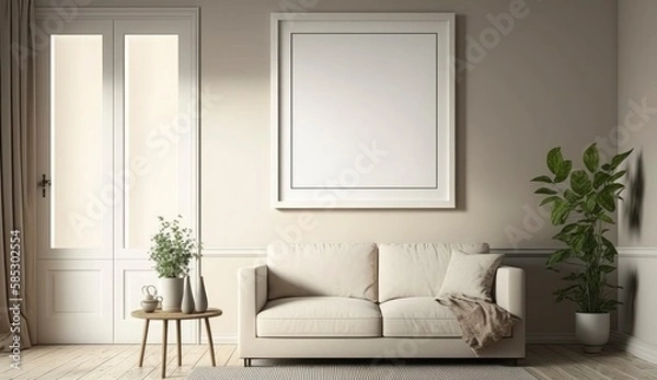 Fototapeta Mockup poster frame on the wall of living room. Luxurious apartment background with contemporary design. Modern interior design. 3D render, 3D illustration, Generate Ai