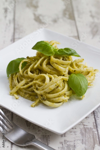Obraz Spaghetti mit Pesto und Basilikum