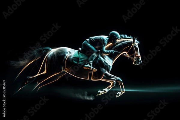 Fototapeta Horse racing at night. Digital illustration of thoroughbred and jockey. Generative AI.