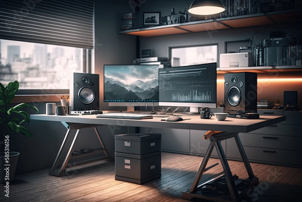 Fototapeta Modern working room with computer interior design. Comfortable and warmth place. Generative AI