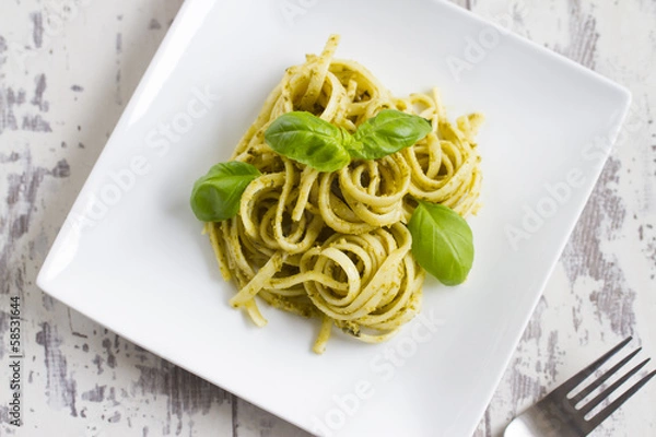 Obraz Spaghetti mit Pesto und Basilikum