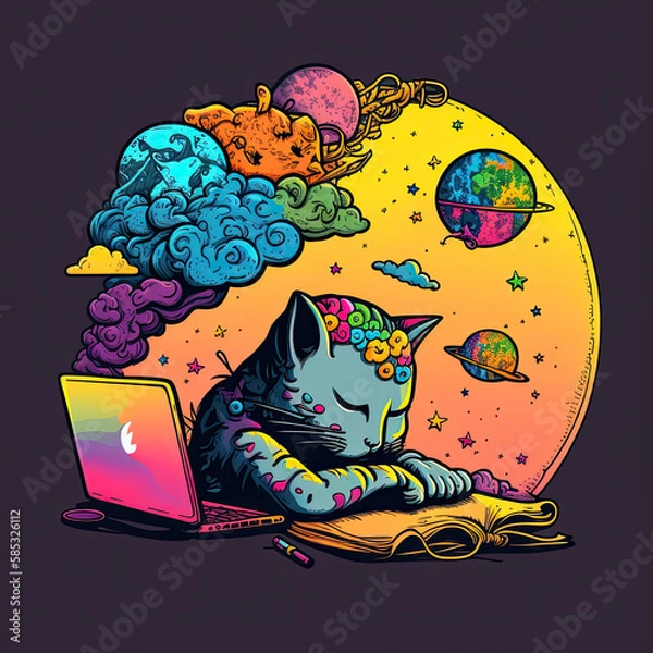 Obraz illustration d'un chat et ordinateur