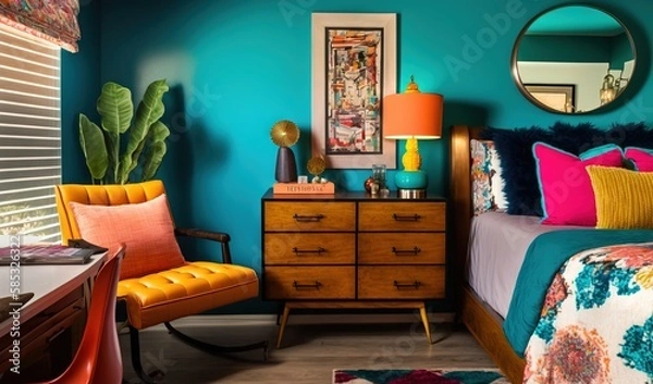 Fototapeta  a bedroom with a bed, dresser, mirror, and chair.  generative ai