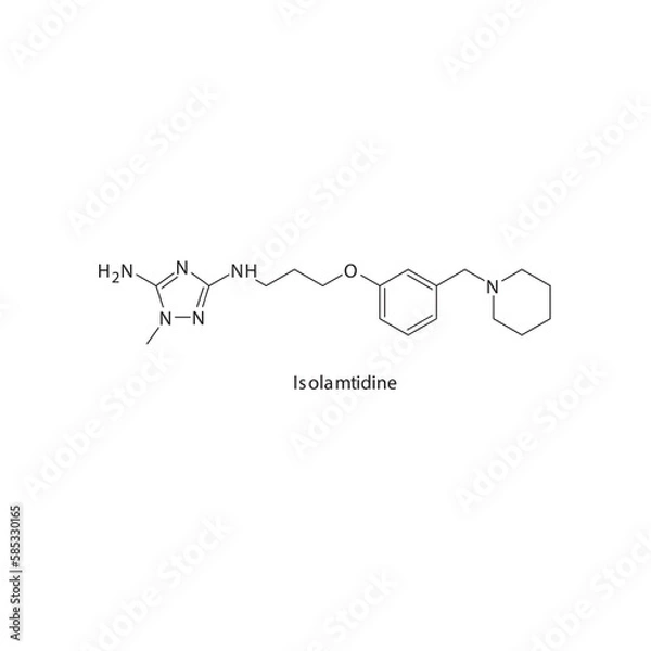 Obraz Isolamtidine flat skeletal molecular structure H2 receptor antagonist drug used in heartburn, peptic ulcer treatment. Vector illustration.