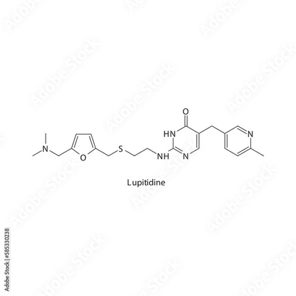 Obraz Lupitidine  flat skeletal molecular structure H2 receptor antagonist drug used in heartburn, peptic ulcer treatment. Vector illustration.