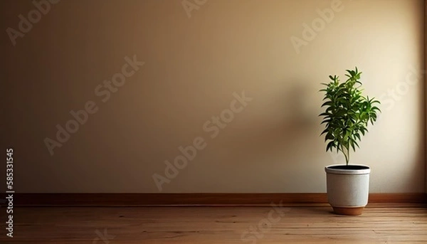 Obraz Beige Wall Empty Room Interior with Wooden Flooring and Pot Plant for Background