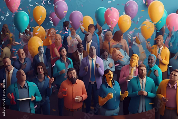 Fototapeta Low Poly Generative AI of Diverse Group Celebrating Milestone. Multicultural Office Celebration. Employees Celebrating Success