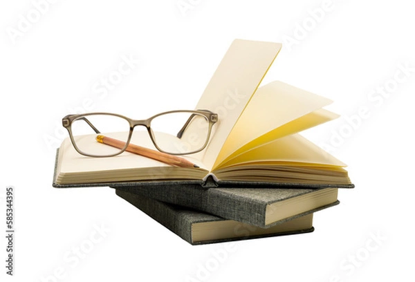 Fototapeta open book and glasses and pencil isolated in png format , knowledge and education concept