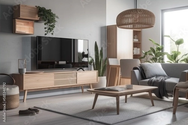Fototapeta Modern living room with gray couch, TV cabinet, and dining table. Generative AI