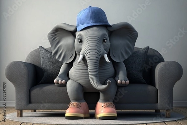 Obraz Elephant sitting on sofa with blue cap IA