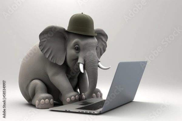 Obraz Elephant with cap using a laptop computer IA