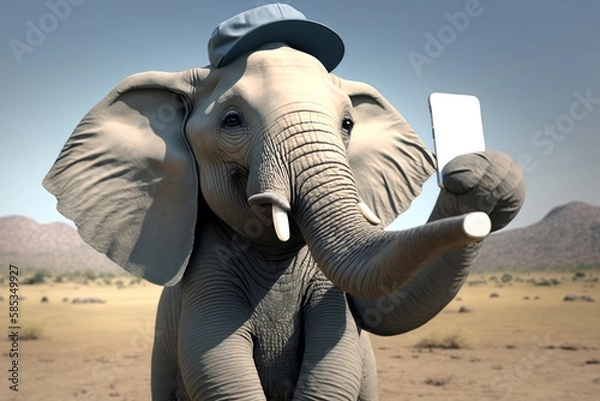 Obraz Elephant in cap taking a selfie IA