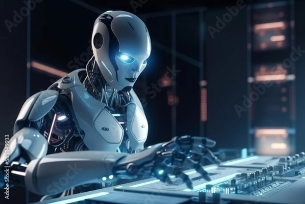 Obraz Robot working in IT in the office IA