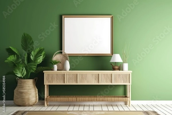 Fototapeta Horizontal blank frame mockup in living room with slat sideboard, wicker lamp, and plant in basket on empty green wall. Generative AI