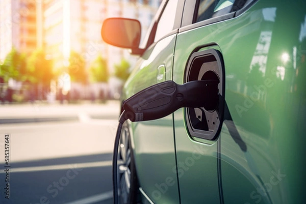 Fototapeta Close up charging an electric car battery, new technology EV Electical Vehicle. Generative AI