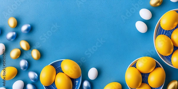 Fototapeta Spread on a blue background, the white and yellow eggs create an interesting composition. The contrast between the white and yellow eggs catches the eye. Generative AI
