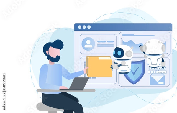 Obraz Human and a robot sharing a document and working together to develop and manage their work to success. Flat vector illustration with copy space.