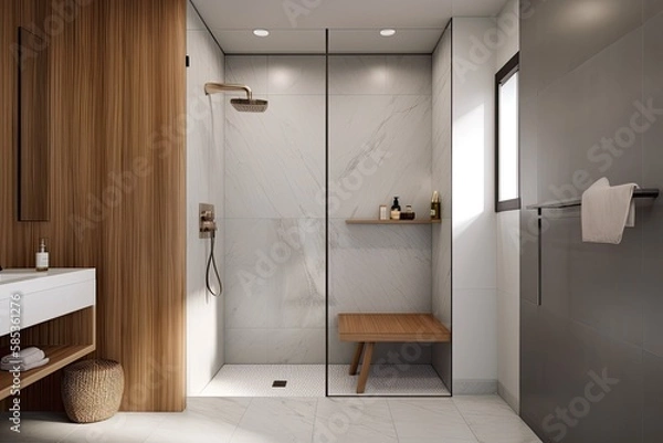 Obraz minimal design walk shower are simplicity, functionality, and clean lines with a focus on natural materials and subdued colors - Generated AI
