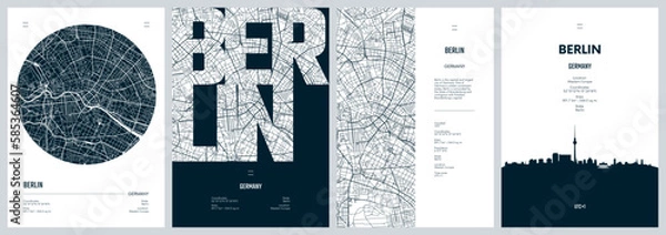 Obraz Zestaw plakatów turystycznych z Berlinem, szczegółowa mapa miasta Urban Street Plan, Silhouette City Line, Vector Artwork