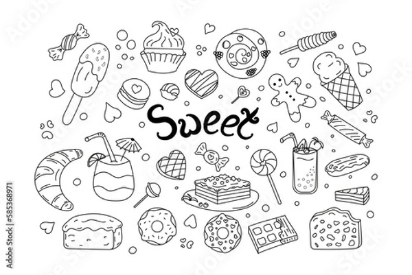 Obraz Set sweets doodle. Black and white line Vector illustration. Food Sweets, dessert, chocolate, cakes.