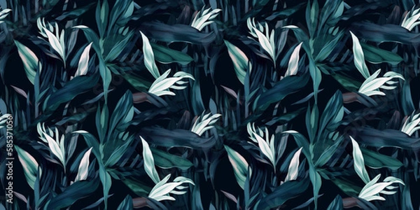 Fototapeta Dark cyan repeating pattern background, tropical leaves, abstract art design – created with generative AI