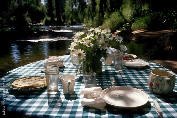 Obraz Idyllic Picnic Scene with Colourful Table Setting and Fountain (AI Generated)