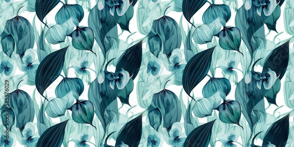 Fototapeta Azure repeating pattern background, tropical leaves, abstract art design – created with generative AI