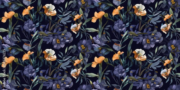 Obraz Indigo repeating pattern background, tropical leaves, abstract art design – created with generative AI