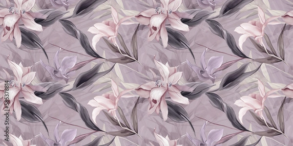 Obraz Laelia and Rosa repeating pattern background, tropical leaves, abstract art design – created with generative AI