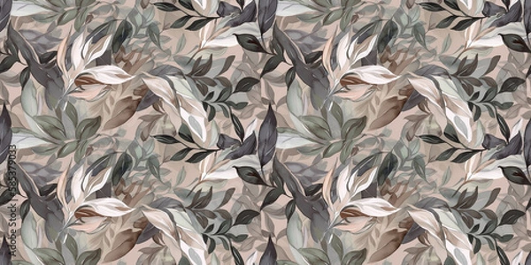 Fototapeta Repeating pattern background, tropical leaves, abstract art design, taupe – created with generative AI