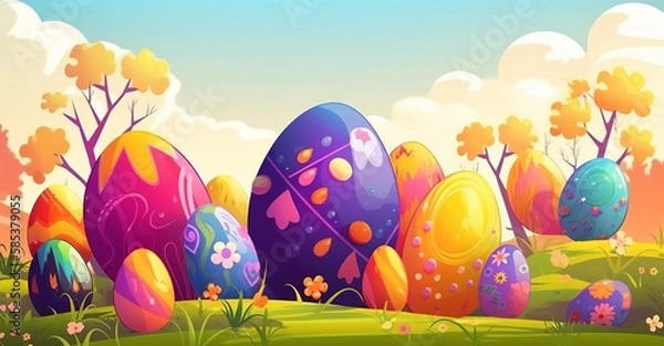 Obraz A variety of beautiful Easter egg cartoon style. Generative Ai