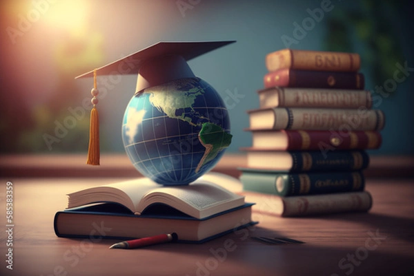 Fototapeta Graduation cap with Earth globe. Concept of global business study, abroad educational, Back to School. Education in Global world, Study abroad business in universities in worldwide.