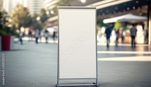 Fototapeta Blank roll up empty banner without alphabet design mockup, background blurred public place.