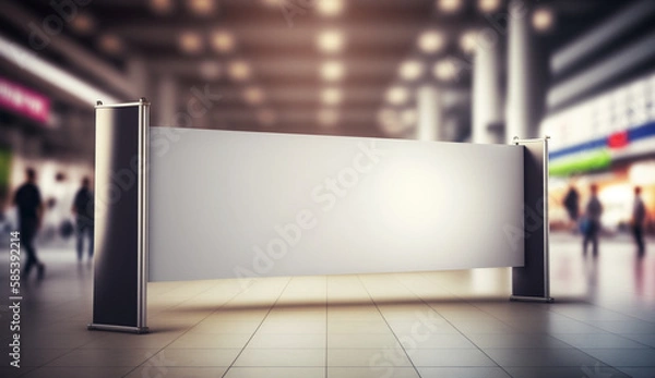 Fototapeta Blank roll up empty banner without alphabet design mockup, background blurred public place.