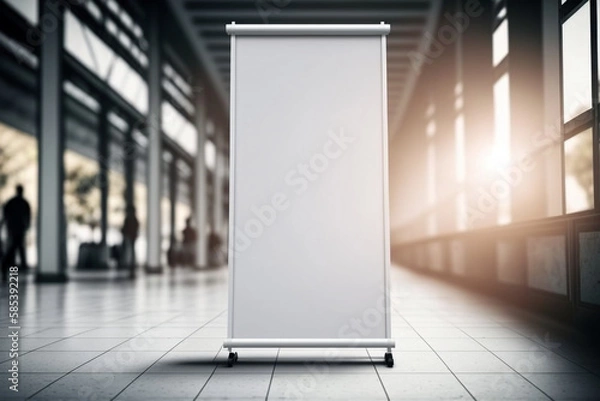 Fototapeta Blank roll up empty banner without alphabet design mockup, background blurred public place.