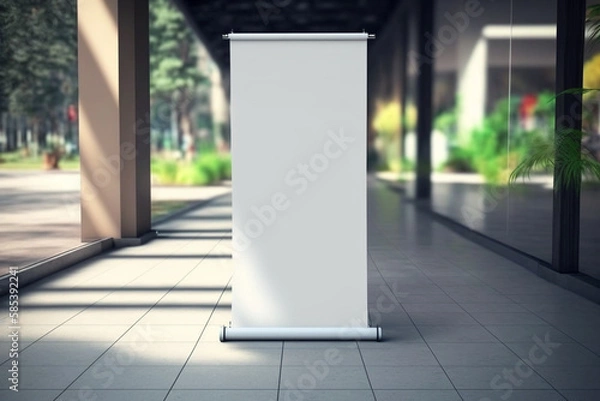 Fototapeta Blank roll up empty banner without alphabet design mockup, background blurred public place.