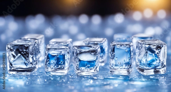 Fototapeta Ice cubes that have been colored blue. The ice cubes are transparent, which allows you to see their structure and texture  Generative AI.