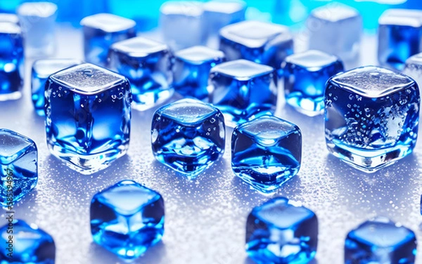 Fototapeta Ice cubes that have been colored blue. The ice cubes are transparent, which allows you to see their structure and texture  Generative AI.