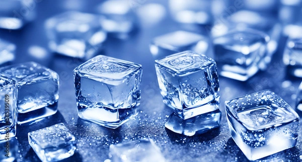 Fototapeta Ice cubes that have been colored blue. The ice cubes are transparent, which allows you to see their structure and texture  Generative AI.