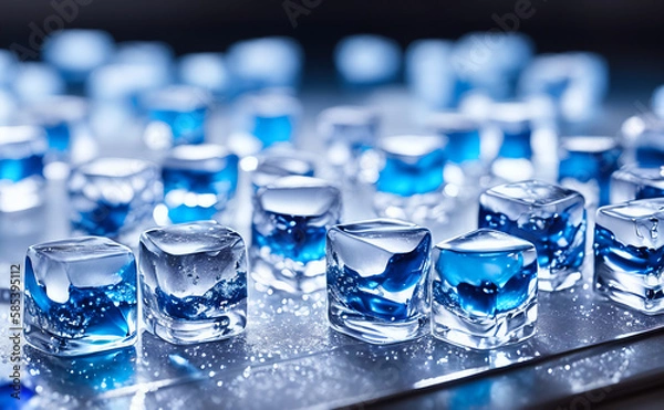 Fototapeta Ice cubes that have been colored blue. The ice cubes are transparent, which allows you to see their structure and texture  Generative AI.