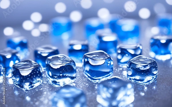 Fototapeta Ice cubes that have been colored blue. The ice cubes are transparent, which allows you to see their structure and texture  Generative AI.
